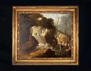 Landschaft mit Wasserfall und Figuren, Öl auf Leinwand aus der 2. Hälfte des 17. Jahrhunderts in zeitgenössischem Rahmen.